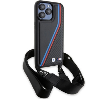 Pouzdro BMW M Edition Carbon Tricolor Lines &amp; Strap pro iPhone 15 Pro - černé