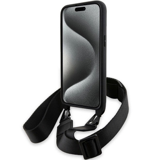 Pouzdro BMW M Edition Carbon Tricolor Lines &amp; Strap pro iPhone 15 Pro - černé