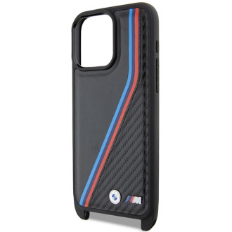 Pouzdro BMW M Edition Carbon Tricolor Lines &amp; Strap pro iPhone 15 Pro - černé