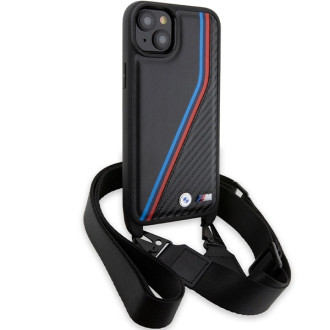Pouzdro BMW M Edition Carbon Tricolor Lines &amp; Strap pro iPhone 15 Plus / 14 Plus - černé