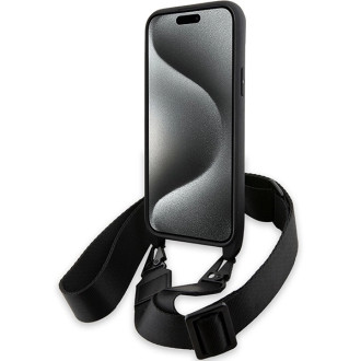 Pouzdro BMW M Edition Carbon Tricolor Lines &amp; Strap pro iPhone 15 Plus / 14 Plus - černé