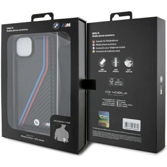 Pouzdro BMW M Edition Carbon Tricolor Lines &amp; Strap pro iPhone 15 Plus / 14 Plus - černé