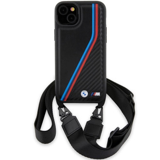 Pouzdro BMW M Edition Carbon Tricolor Lines &amp; Strap pro iPhone 15 / 14 / 13 - černé