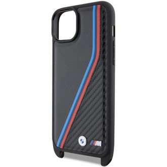 Pouzdro BMW M Edition Carbon Tricolor Lines &amp; Strap pro iPhone 15 / 14 / 13 - černé