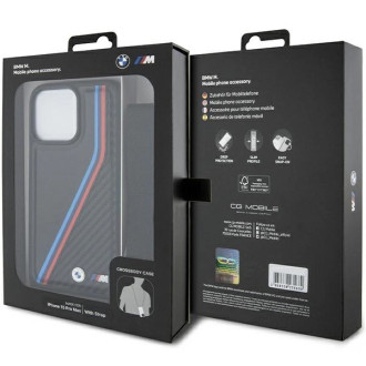 Pouzdro BMW M Edition Carbon Tricolor Lines &amp; Strap pro iPhone 15 Pro Max - černé