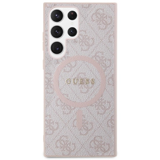 Guess 4G Collection kožené kovové logo MagSafe pouzdro pro Samsung Galaxy S24 Ultra – růžové
