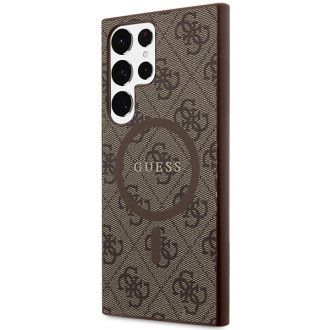Guess 4G Collection kožené kovové logo MagSafe pouzdro pro Samsung Galaxy S24 Ultra – hnědé