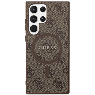 Guess 4G Collection kožené kovové logo MagSafe pouzdro pro Samsung Galaxy S24 Ultra – hnědé