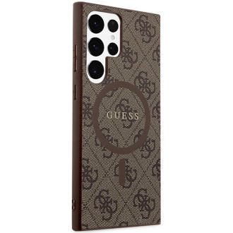 Guess 4G Collection kožené kovové logo MagSafe pouzdro pro Samsung Galaxy S24 Ultra – hnědé