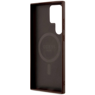 Guess 4G Collection kožené kovové logo MagSafe pouzdro pro Samsung Galaxy S24 Ultra – hnědé
