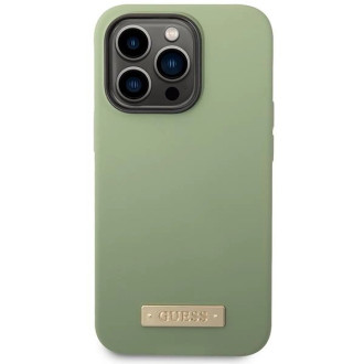 Pouzdro Guess Silicone Logo Plate MagSafe pro iPhone 14 Pro Max - zelené