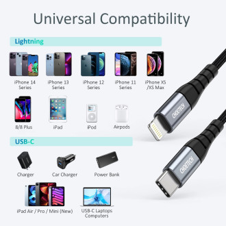 Choetech IP0039 USB-C / Lightning MFi kabel, 1,2m dlouhý - černý