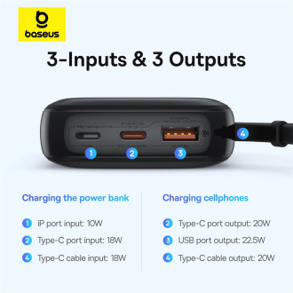 Powerbanka Baseus Qpow Pro+ 10000mAh 22,5W s vestavěným USB-C kabelem a displejem - černá