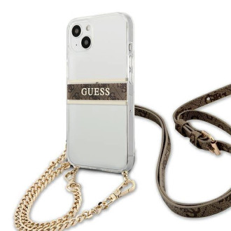 Guess GUHCP13SKC4GBGO iPhone 13 mini 5,4&quot; průhledný pevný obal 4G hnědý řemínek zlatý řetízek