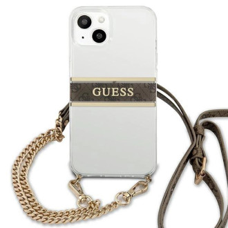 Guess GUHCP13SKC4GBGO iPhone 13 mini 5,4&quot; průhledný pevný obal 4G hnědý řemínek zlatý řetízek