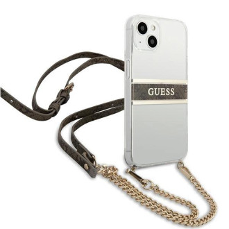 Guess GUHCP13SKC4GBGO iPhone 13 mini 5,4&quot; průhledný pevný obal 4G hnědý řemínek zlatý řetízek