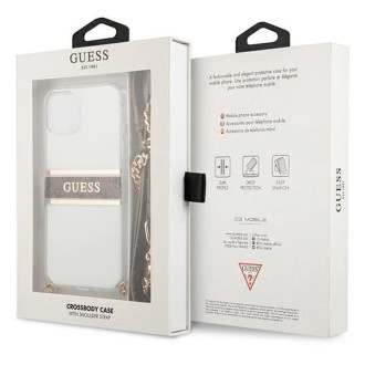Guess GUHCP13SKC4GBGO iPhone 13 mini 5,4&quot; průhledný pevný obal 4G hnědý řemínek zlatý řetízek