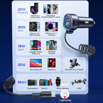 Joyroom fast car charger 3 in 1 with USB Type C cable 1.5m 55W black (JR-CL07)
