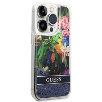 Pouzdro Guess Flower Liquid Glitter pro iPhone 14 Pro Max - modré