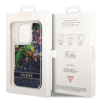 Pouzdro Guess Flower Liquid Glitter pro iPhone 14 Pro Max - modré