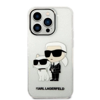 Pouzdro Karl Lagerfeld Glitter Karl&amp;Choupette pro iPhone 14 Pro - průhledné