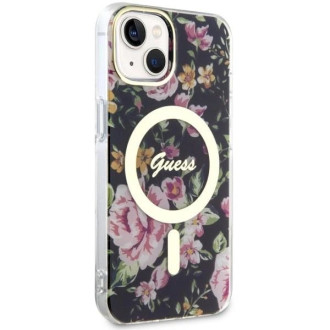 Pouzdro Guess Flower MagSafe pro iPhone 14 - černé