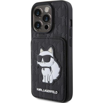 Karl Lagerfeld Saffiano sloty na karty a stojan Monogram Choupette Case pro iPhone 15 Pro – černé
