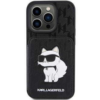 Karl Lagerfeld Saffiano sloty na karty a stojan Monogram Choupette Case pro iPhone 15 Pro – černé