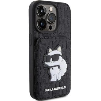 Karl Lagerfeld Saffiano sloty na karty a stojan Monogram Choupette Case pro iPhone 15 Pro – černé