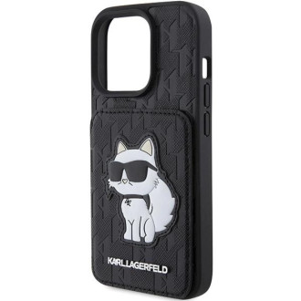 Karl Lagerfeld Saffiano sloty na karty a stojan Monogram Choupette Case pro iPhone 15 Pro – černé