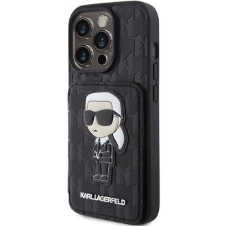 Karl Lagerfeld Saffiano sloty na karty a stojan Monogram Ikonik Patch pouzdro pro iPhone 15 Pro - černé