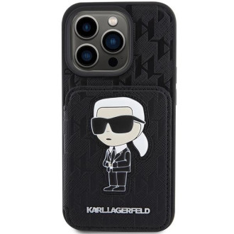 Karl Lagerfeld Saffiano sloty na karty a stojan Monogram Ikonik Patch pouzdro pro iPhone 15 Pro - černé
