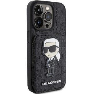 Karl Lagerfeld Saffiano sloty na karty a stojan Monogram Ikonik Patch pouzdro pro iPhone 15 Pro - černé