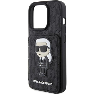 Karl Lagerfeld Saffiano sloty na karty a stojan Monogram Ikonik Patch pouzdro pro iPhone 15 Pro - černé