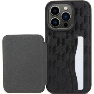 Karl Lagerfeld Saffiano sloty na karty a stojan Monogram Ikonik Patch pouzdro pro iPhone 15 Pro - černé