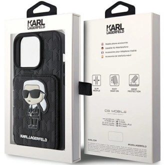 Karl Lagerfeld Saffiano sloty na karty a stojan Monogram Ikonik Patch pouzdro pro iPhone 15 Pro - černé