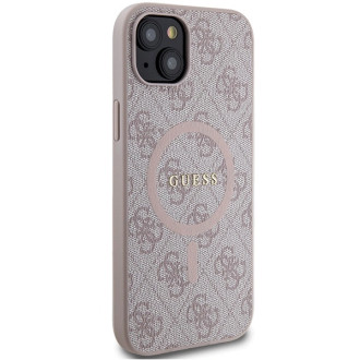 Guess 4G Collection kožené kovové logo MagSafe pouzdro pro iPhone 15/14/13 – růžové