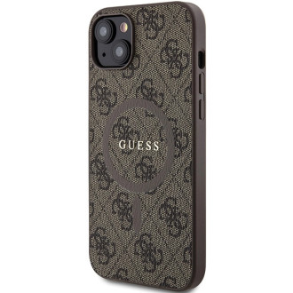 Guess 4G Collection kožené kovové logo MagSafe pouzdro pro iPhone 15/14/13 – hnědé