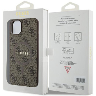 Guess 4G Collection kožené kovové logo MagSafe pouzdro pro iPhone 15/14/13 – hnědé