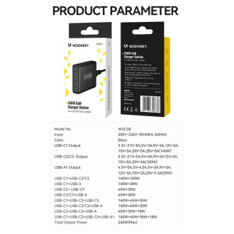 Wozinsky WGCSB 240W GaN nástěnná nabíječka USB-A / 3 x USB-C - černá
