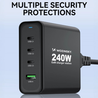Wozinsky WGCSB 240W GaN nástěnná nabíječka USB-A / 3 x USB-C - černá