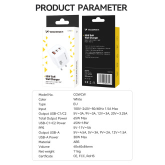 Wozinsky CGWCW 65W USB-A / 2 x USB-C GaN nástěnná nabíječka - bílá