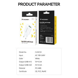 Wozinsky CUWCW 2.4A 2 x USB-A nástěnná nabíječka - bílá