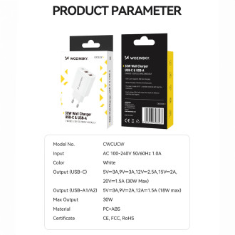 Wozinsky CWCUCW 30W USB-C / 2 x USB-A nástěnná nabíječka - bílá