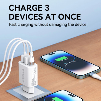 Wozinsky CWCUCW 30W USB-C / 2 x USB-A nástěnná nabíječka - bílá