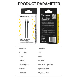 Wozinsky WNBCL2 Lightning / USB-C PD 30W kabel 2 m - černý