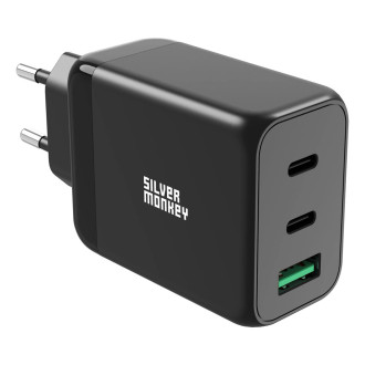 Silver Monkey GaN 65W nástěnná nabíječka 2x USB-C PD 1x USB-A QC 3.0 - černá