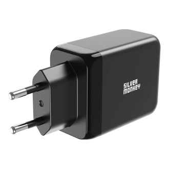 Silver Monkey GaN 65W nástěnná nabíječka 2x USB-C PD 1x USB-A QC 3.0 - černá