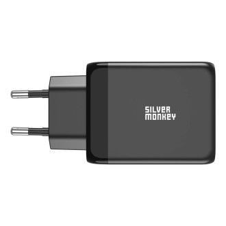 Silver Monkey GaN 65W nástěnná nabíječka 2x USB-C PD 1x USB-A QC 3.0 - černá