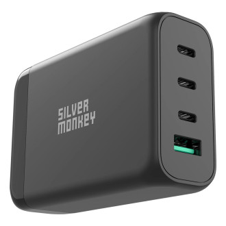 Stříbrná Monkey SMA151 130W 3xUSB-C PD USB-A QC 3.0 GaN nabíječka s odnímatelným napájecím kabelem – bílá